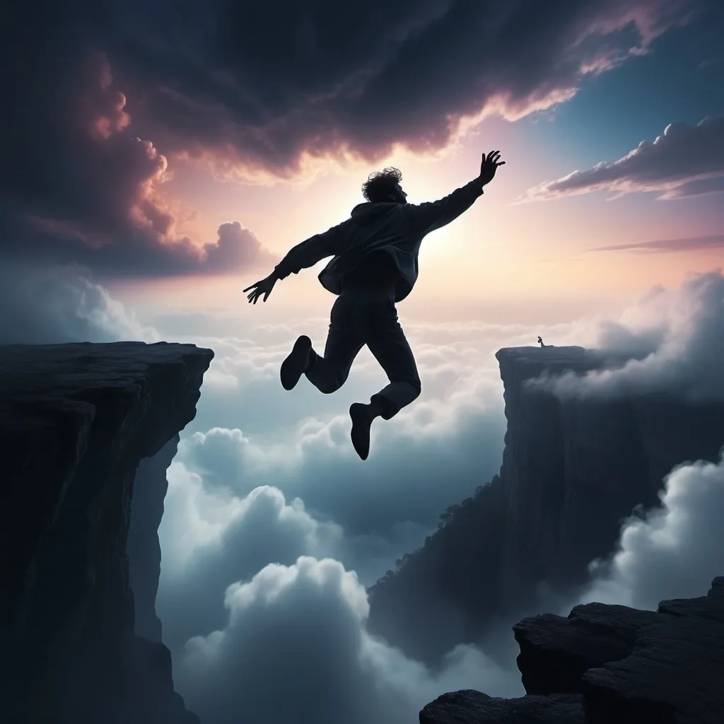 Prompt: dark silhouette of a man jumping off a cliff, (ethereal dimension), (heavenly sky), swirling mist, dramatic lighting, soft glowing colors, vast atmosphere, expansive clouds, surreal landscape, mesmerizing depth, capturing the essence of freedom and transcendence, fantasy-inspired scene, 4K, ultra-detailed, breathtaking visual ambiance.