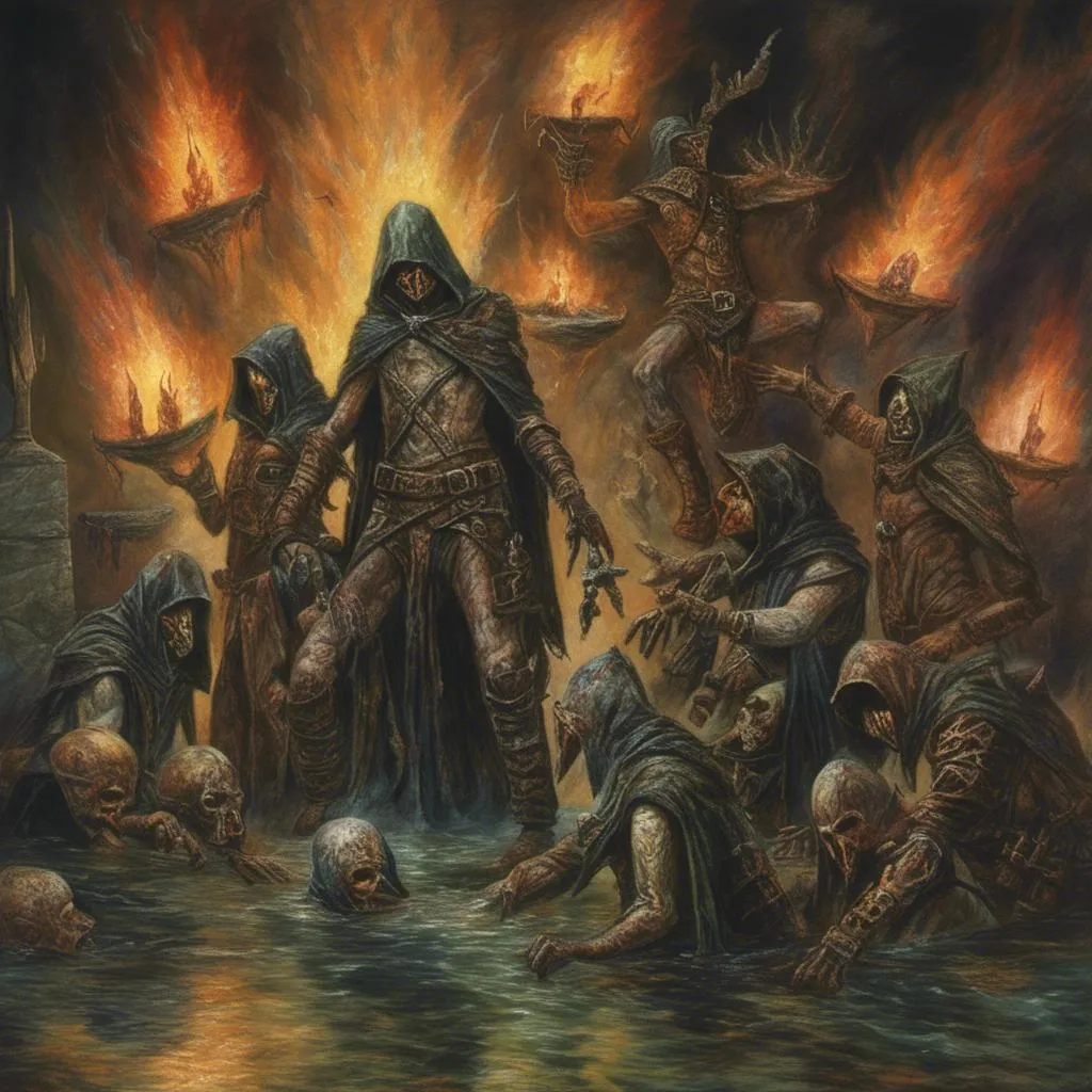 Prompt: <mymodel> group of hooded figures circling a fountain of fire.