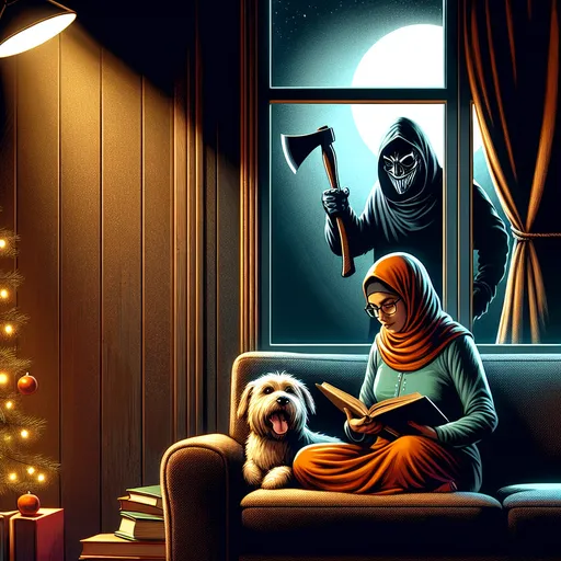 Prompt: murderous mask wearing villain. Holding an axe. Dark silhouette. Standing outside a window looking into a house. With a woman reading peacefully on a couch with her dog.