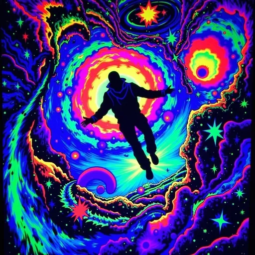 Prompt: (accurately spelled text "See you space Cowboy"), bold lettering, (vibrant spiraling colors), man floating in space, cosmic background, black light art style, ethereal glow, mystic ambiance, captivating swirling patterns, stars twinkling in the distance, serene and adventurous mood, (ultra-detailed) and (high quality) imagery that captures the essence of freedom and exploration in the vast universe.