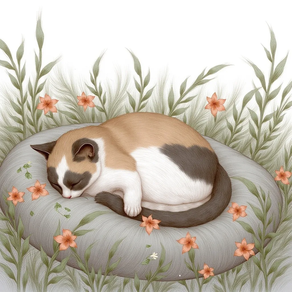 Prompt: Peaceful cat laying in bed of flowers.