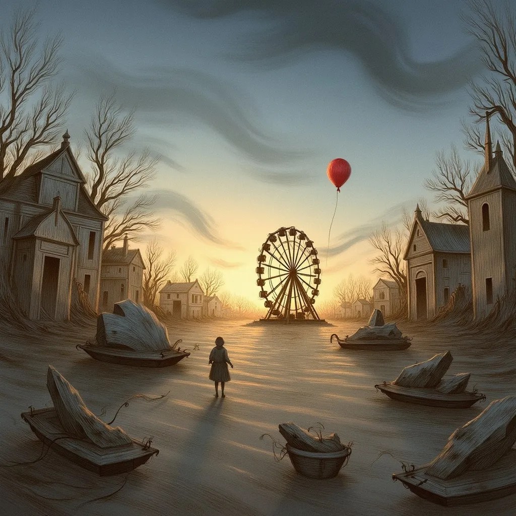 Prompt: "A vast, abandoned carnival at twilight, where the golden hour light casts long shadows over broken rides and peeling paint. In the center, a rusted Ferris wheel stands still, its once bright lights now flickering weakly. A lone child’s balloon, untethered, floats slowly upward, its red hue vivid against the fading sky. The air feels thick with nostalgia, tinged with melancholy, as the echoes of forgotten laughter seem to hang in the air. There’s a sense of both loss and longing—beauty in the decay, and the remnants of joy caught in time, forever unreachable."