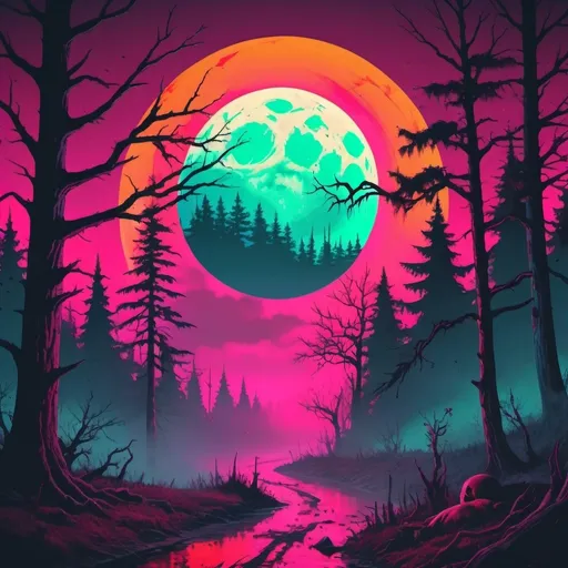 Prompt: Retro wave, horror theme, banshee screaming, blood covered, claws. Forest setting misty. Colorful moon