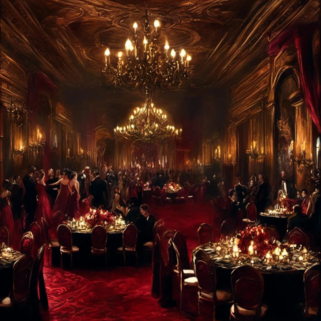 Prompt: <mymodel>Victorian style ball, (masquerade), elegant people dancing, ornate masks, festive atmosphere, (grand orchestra), exquisite ballroom, opulent chandeliers, rich color palette of deep reds and golds, (highly detailed), textured fabrics, intricate patterns on gowns and suits, luxurious furnishings, soft candlelight flickering, (4K) quality, enchanting ambiance.