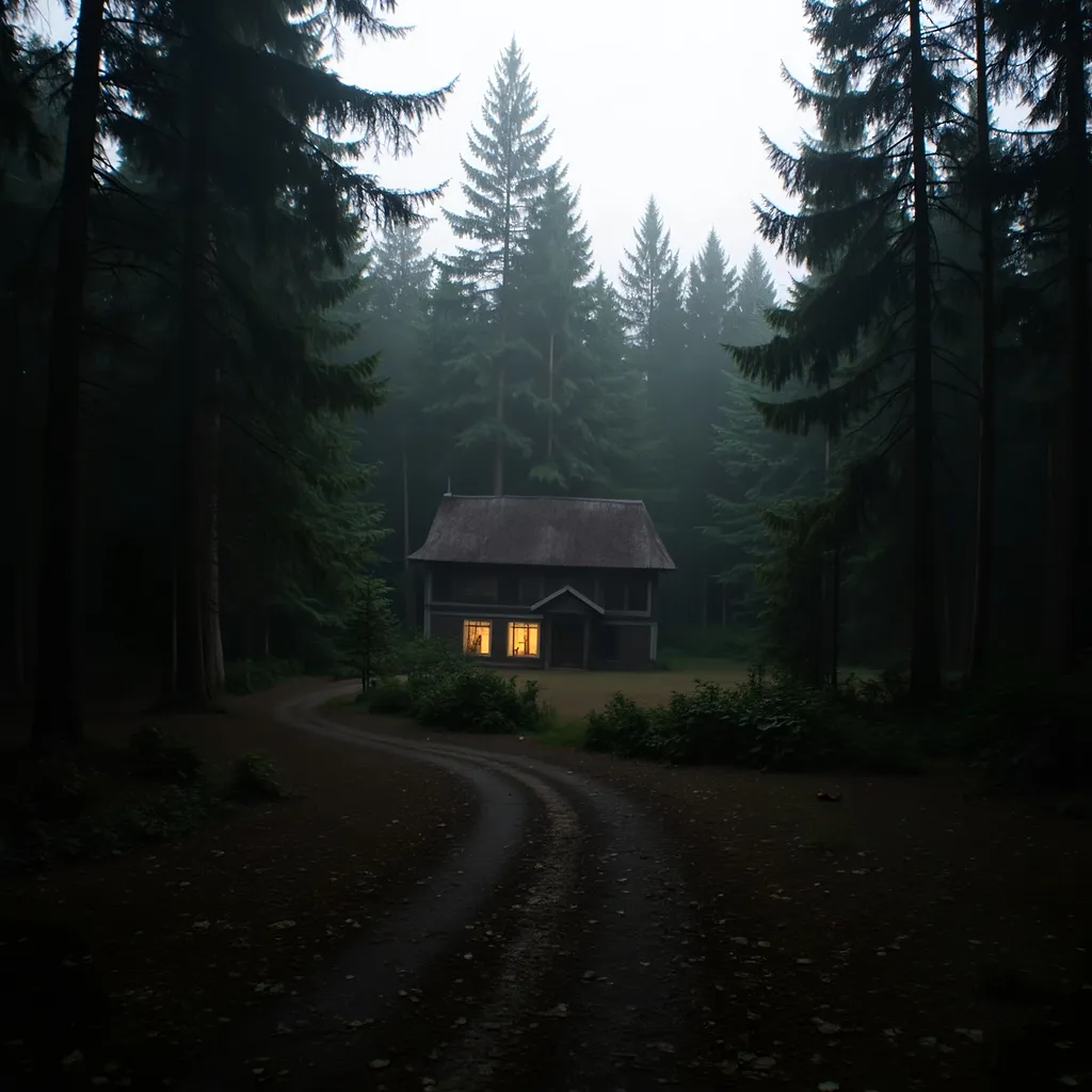 Prompt: dark forest, (single desolate building), run-down architecture, overgrown vegetation, eerie atmosphere, (moody lighting), shadows cast upon the landscape, mist creeping through the trees, (somber tones), contrast between darkness of the forest and the faded colors of the building, (highly detailed), haunting ambiance, (4K) quality, a sense of isolation and abandonment.