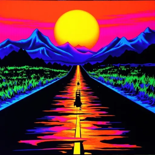 Prompt: (accurately spelled text "Make it happen") 1970s nova SS retrowave road into the sunset.