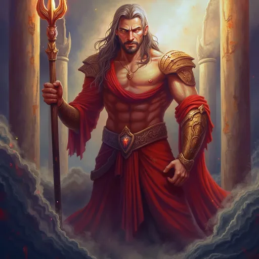 Prompt: Poseidon (God of the seas), portrayed with intense and striking features, muscular physique, wearing ornate armor, holding a glistening trident, fierce expression, passionate and powerful stance, (dramatic lighting), (epic background of ancient ruins), (highly detailed), (mythological ambiance), vibrant colors of red and gold, evoking feelings of strength and valor, 4K resolution, ultra-detailed.