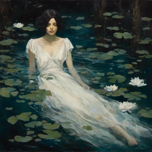 Prompt: <mymodel> painting of woman swimming in water with a white dress. No sky, darkness, still water, dark trees, low lighting.