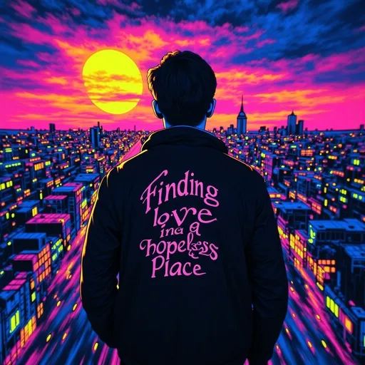 Prompt: Dark silhouette of a man facing a city. In the sky, clear and readable text says 'Finding love in a hopeless place,'on the man’s jacket. black light art style with glowing, ethereal neon effects. The background shows a calm sun, with soft, warm colors fading into darker tones, creating a peaceful yet haunting atmosphere over the city.