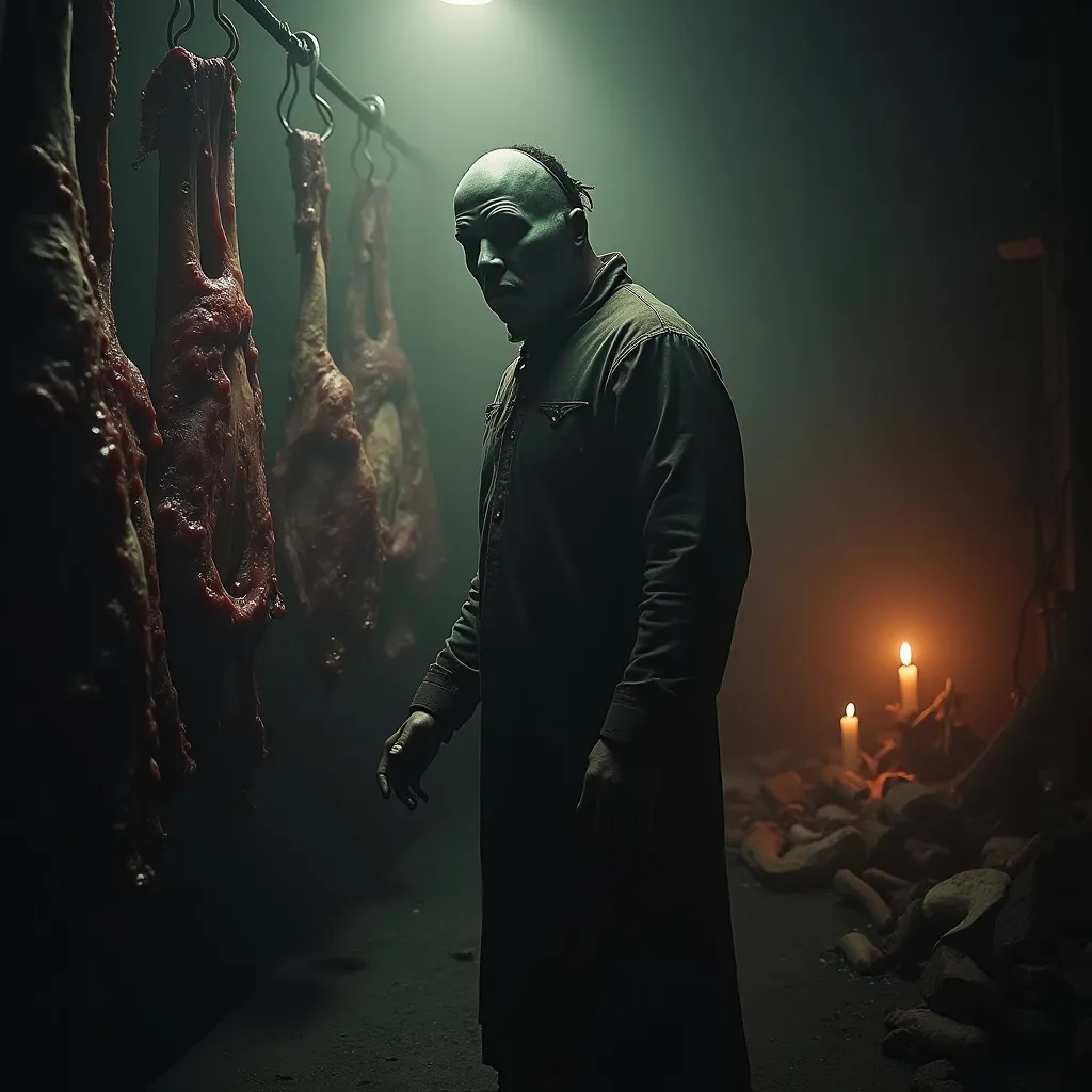 Prompt: Horror. Butcher, mask, meat hooks, hanging bodies. Misty, dark, candle lit. Human bones