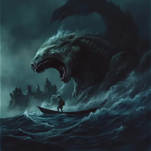 Prompt: Man on a boat peacefully smoking looking towards the camera, as giant massive wave unexpectedly towers over him about to capsize his boat.