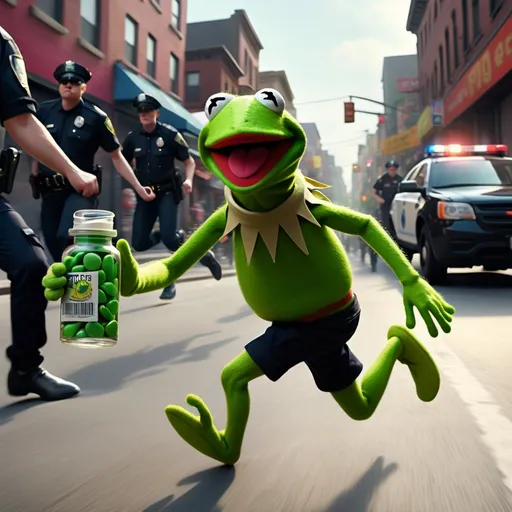 Prompt: (Kermit the frog) holding (pill bottles) in both arms, sprinting away from (police), humorous and chaotic scene, vibrant colors, energetic atmosphere, high action, exaggerated expressions, urban background, intense motion effects, 4K ultra-detailed quality