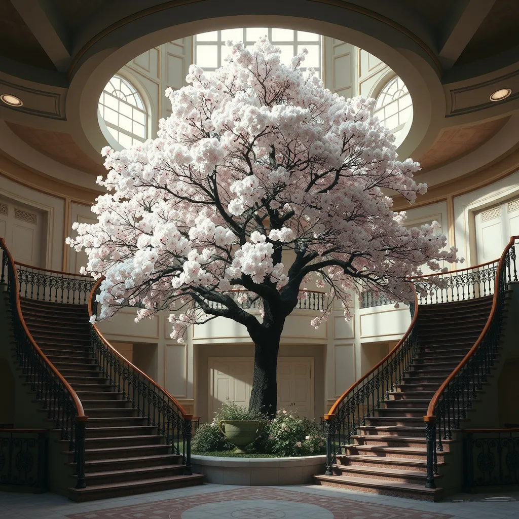 Prompt: Cherry blossom surrounded by a duel grand staircase. Tree at the center, stair case on the right, stair case on the left, circling around the tree to a mezzanine.