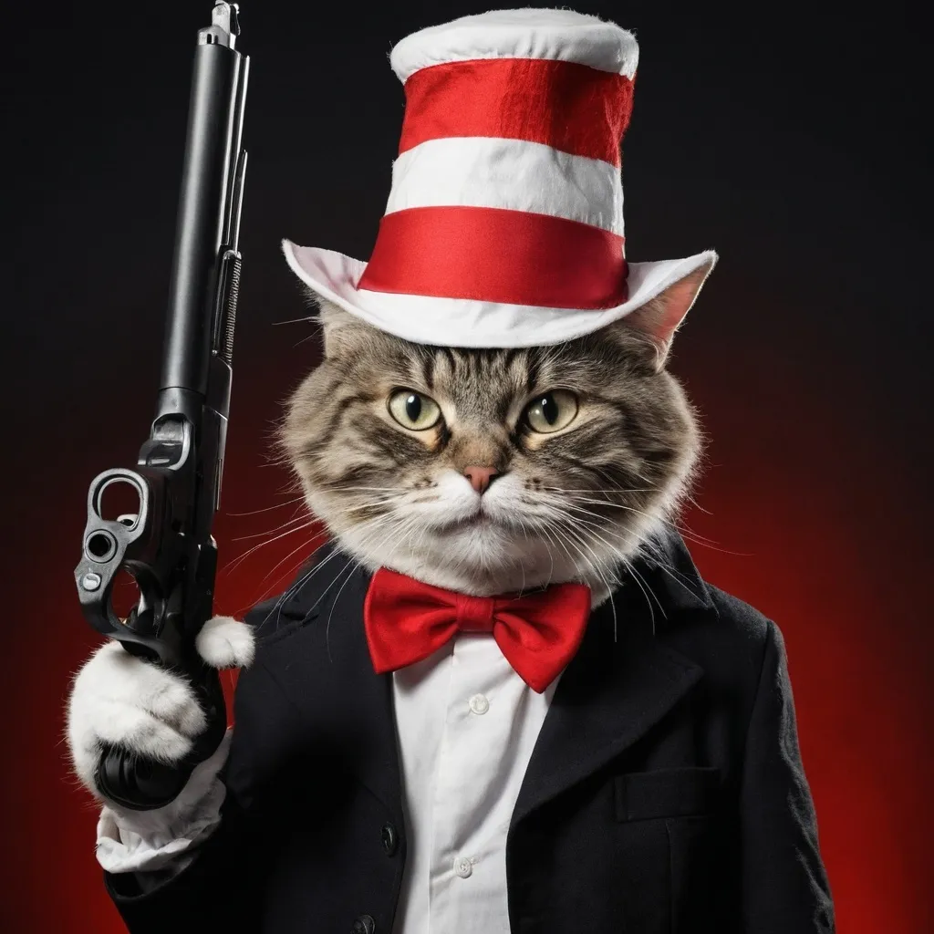 Prompt: Blood everywhere. The horror! The pure horror! Oh the humanity! Those monsters! Cat in the hat with a gun. 