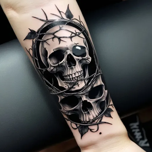 Prompt: Hour glass with vines thorns wrapped around the middle of the glass and wrapping around the wrist . Skull in the top part of the glass. Black sand. Accurate text: Memento Mori. Tattoo black ink under the wrist