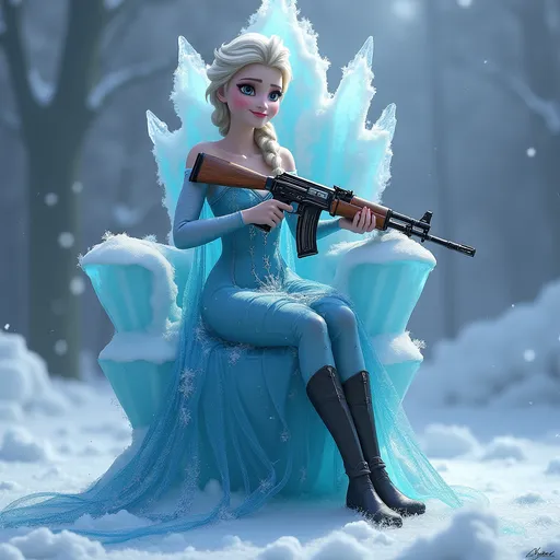 Prompt: Elsa (frozen) holding a AK-47 sitting on a throne of ice.