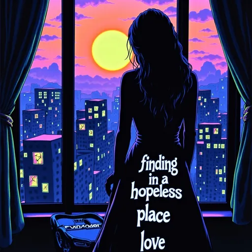 Prompt: Dark silhouette of a woman looking out a window into a city. On her dress, clear and readable text says 'Finding love in a hopeless place,' . black light art style with glowing, ethereal neon effects. The background shows a calm sun, with soft, warm colors fading into darker tones, creating a peaceful yet haunting atmosphere over the city.