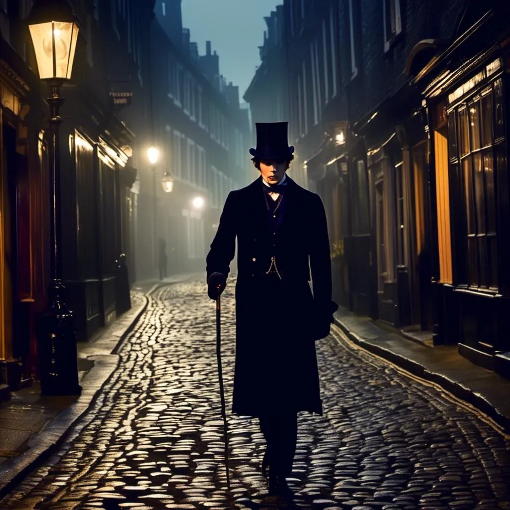 Prompt: <mymodel>(mymodel) man wearing top hat and wielding a cane and a knife, walking through old London streets, dark and mysterious atmosphere, moonlit night casting soft silvery light, cobblestone pathways reflecting faint glow, smoky fog swirling around historic buildings, dramatic shadows, high quality, cinematic depth, enchanting and eerie mood, capturing the essence of Victorian elegance.