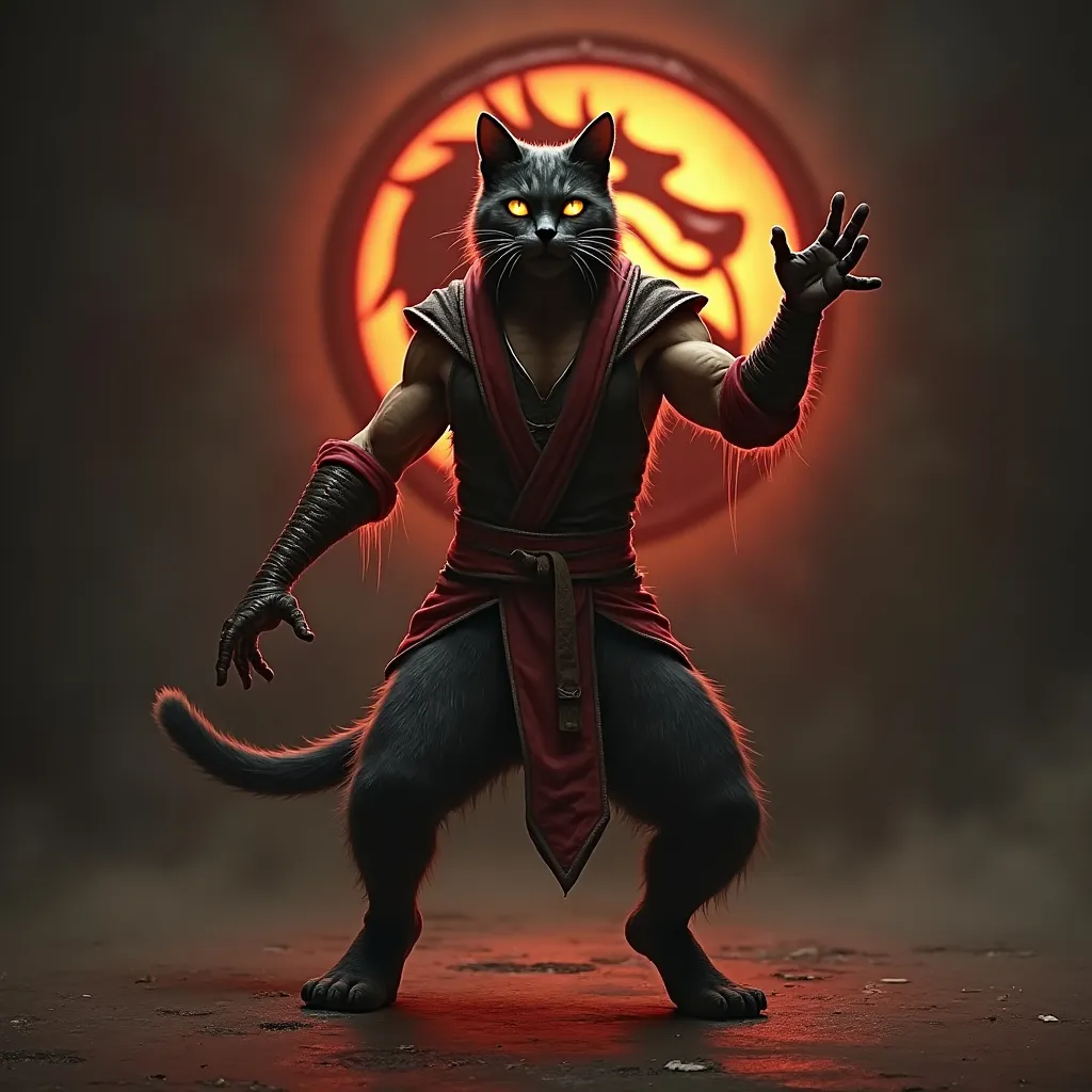 Prompt: (Horror theme) cat standing hind legs mortal kombat