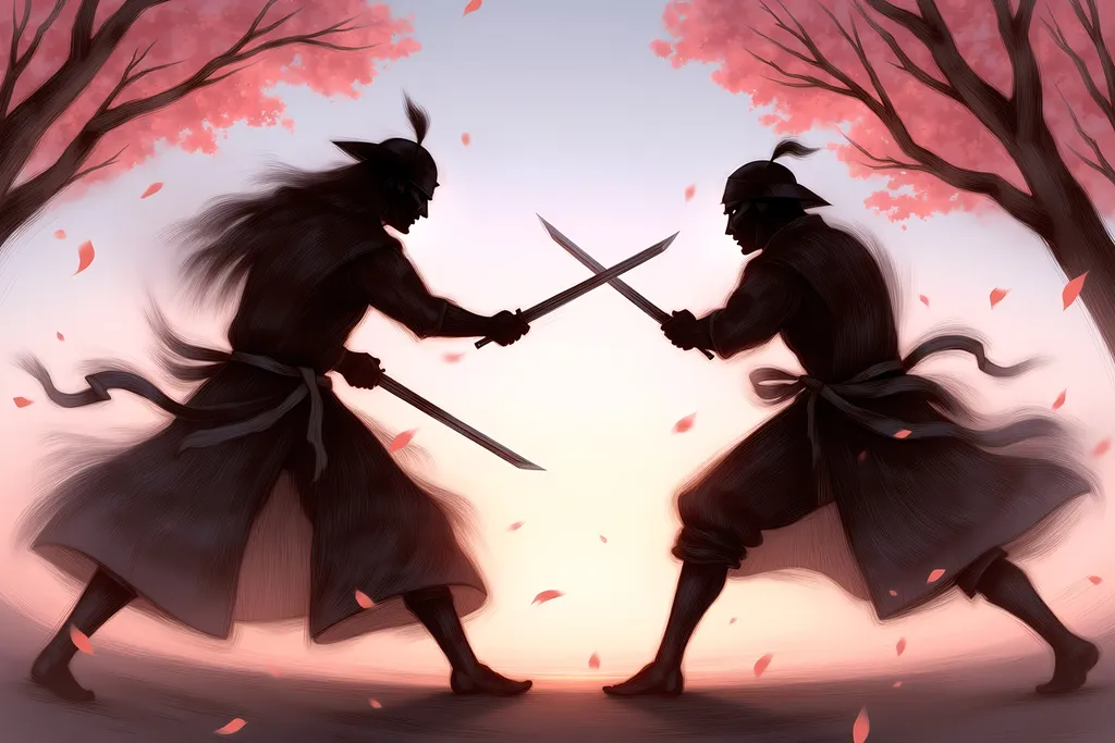 Prompt: Samurai duel, (dynamic pose), two dark silhouettes of samurai facing each other, gripping the hilts of their sheathed katanas with intensity, falling cherry blossoms creating a serene background, (high detail), soft pink bloom petals drifting down, (dramatic lighting), warm, rich tones highlighting ornate armor, (cinematic ambiance).