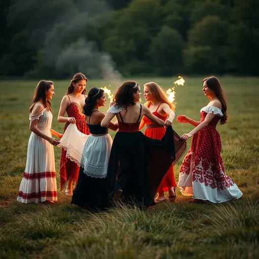 Prompt: Group of young women dancing around a fire In a field. Dressed as Gypsies. Spinning dresses 