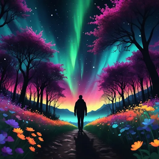 Prompt: Dark silhouette of a man walking through flowers with both hands out touching the flowers as we walks by. Moonlit, fireflies, aurora borealis.