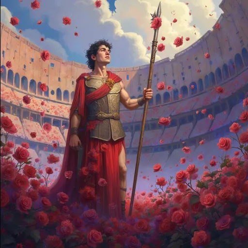 Prompt: Gladiator standing at the center of a colosseum. His hands raised with weapon and shield, crowd throwing roses around him.