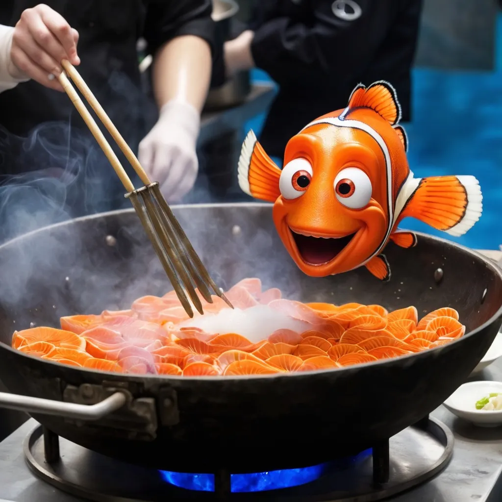 Prompt: Nemo from finding Nemo. Being cooked in a wok by a Chinese chef.