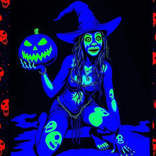 Prompt: (Horror theme) witch, glowing tattoos, golden eyes. Crouching holding a jack o lantern (Black light art)