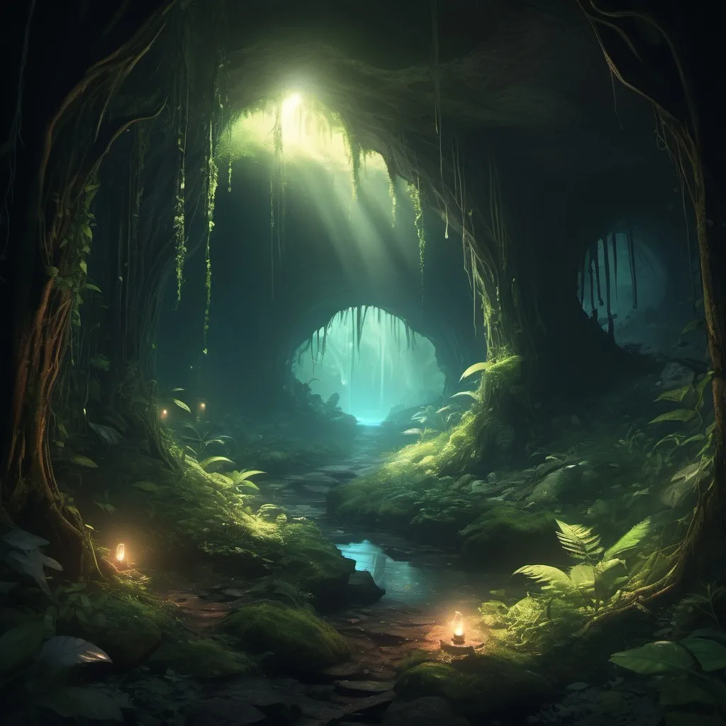 Prompt: Sunlight cascading across heavily wooded area, dark ground, misty, wondrous, magical, large deep hole, cavernous ,multiple biomes, glowing light. 4k high-definition, photorealism.