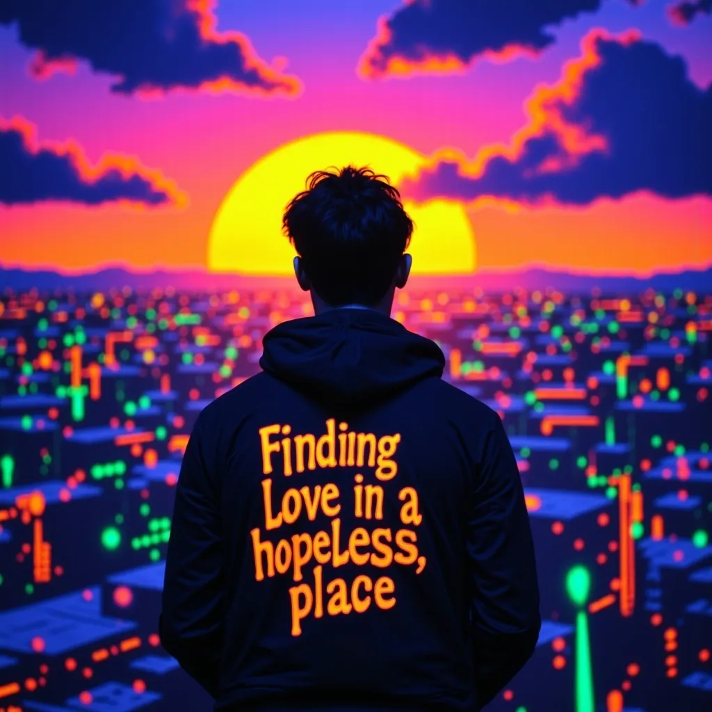 Prompt: Dark silhouette of a man facing a city. In the sky, clear and readable text says 'Finding love in a hopeless place,'on the man’s jacket. black light art style with glowing, ethereal neon effects. The background shows a calm sun, with soft, warm colors fading into darker tones, creating a peaceful yet haunting atmosphere over the city.