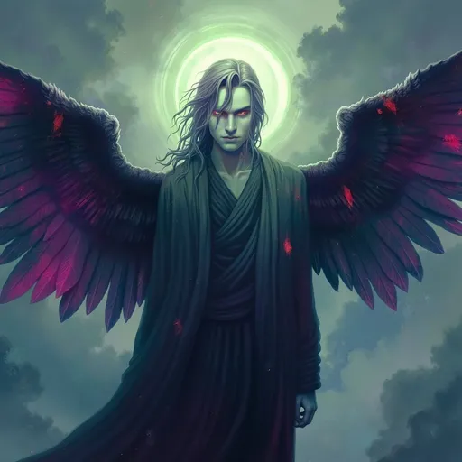 Prompt: Lucifuge Rofocale (Light-Bringer) male fallen angel, (ethereal and haunting), dramatic wings, dark flowing robes, piercing gaze, mystical light emanating from halo, celestial background filled with turbulent clouds, moody atmosphere contrasting light and shadow, intricate details in feathers and fabric, ultra-detailed, high definition, vibrant colors merging with dark tones, a sense of power and vulnerability intertwined.