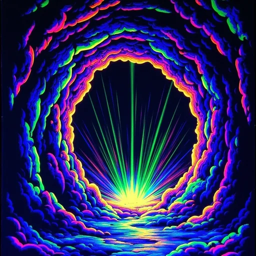 Prompt: (Giant void swirling with magical light), deep pit vortex, glowing neon colors, dark exterior, mysterious ambiance, energetic and ethereal light patterns swirling, grainy texture, low resolution for a vintage aesthetic, a surreal dream-like atmosphere. Capture the essence of magic and depth in this captivating scene. (Black light art)