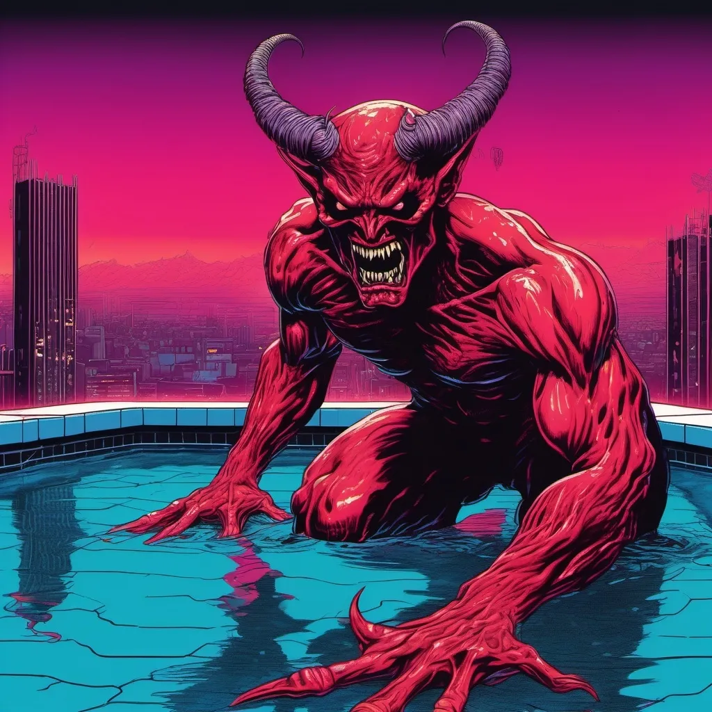 Prompt: retro 80s art, demon crawling out of a pool of blood, retro art, synthwave, city view in the background, highly detailed