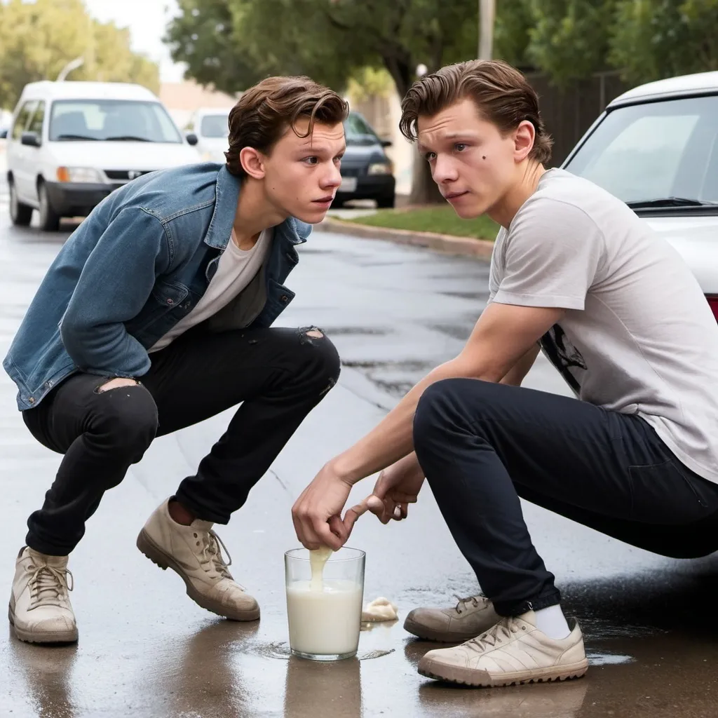 Prompt: Tom Holland stubs toe leaning over a car with his friend trying to help behind him, he is covered in milk"