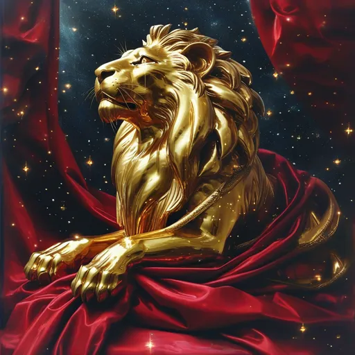 Prompt: A cosmic background filled with twinkling starlight, featuring a golden metallic lion statue adorned with sparkling diamonds medal. The statue is glossy and draped in a deep maroon silk scarf. The entire scene is depicted in a surrealistic art style but rendered with highly realistic details.