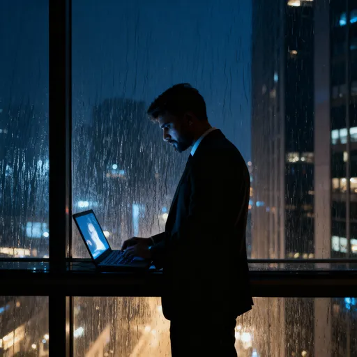 Prompt: A lone male figure in a sharply tailored black suit stands silhouetted against a rain-streaked high-rise window at night. His head is slightly bowed, illuminated only by the cold, soft glow of a laptop screen reflecting on his face. The atmosphere is moody, focused, and intensely quiet. Cinematic lighting, deep shadows, minimalist composition, 4K, professional photography.