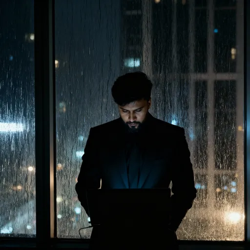 Prompt: A lone male figure in a sharply tailored black suit stands silhouetted against a rain-streaked high-rise window at night. His head is slightly bowed, illuminated only by the cold, soft glow of a laptop screen reflecting on his face. The atmosphere is moody, focused, and intensely quiet. Cinematic lighting, deep shadows, minimalist composition, 4K, professional photography.