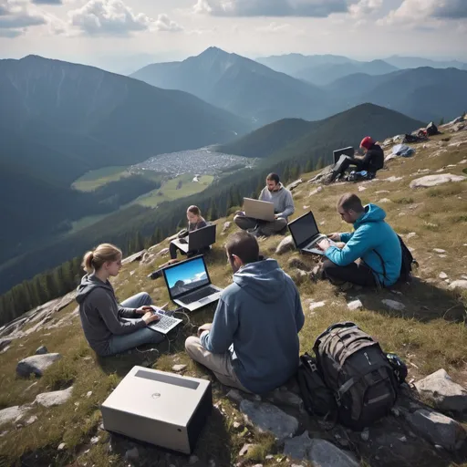 Prompt: technology addicted people on mountain with computers
