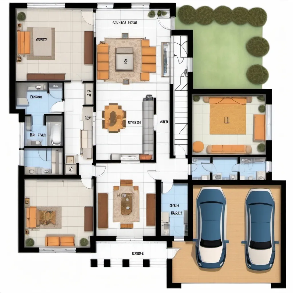 Prompt: créez moi un plan 2D de maison qui aura 3 chambres a coucher avec toilette a l'intérieur d'eux et un salon et une salle a manger   au rez de chaussée et 5 chambres avec toilette au étage