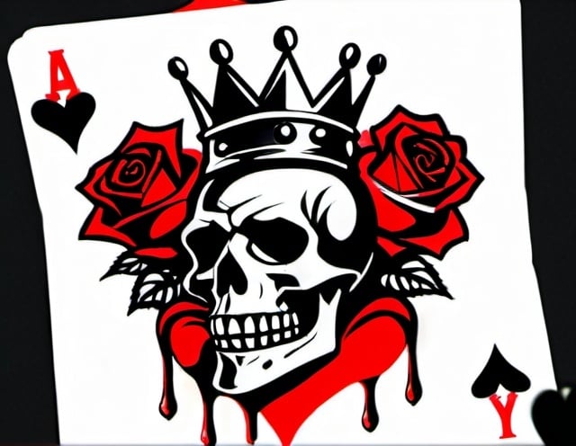 Prompt: Kings crown, roses, hearts, aces and spades, bad boy, player, gangster style, dripping, write: Loyalty Over Everything