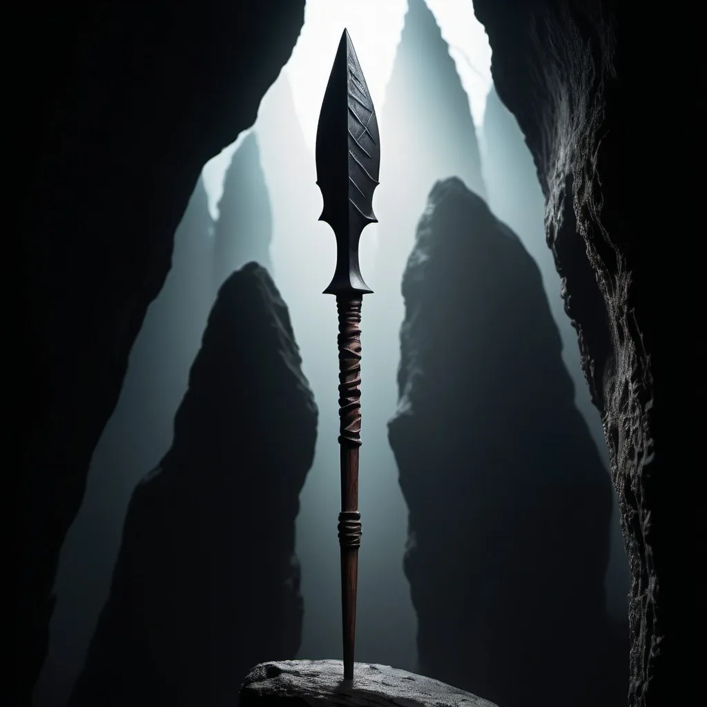 Prompt: silhouette fantasy spear wooden shaft with black rock spearhead