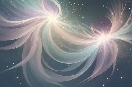 Prompt: Wind blowing in star shape, digital artwork, shining stars, soft and ethereal, wispy strands of wind, surreal and dreamy, high quality, digital art, starry, glowing, graceful movement, pastel tones, gentle lighting