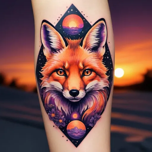 Prompt: Make a realistic but psychedelic tattoo about the face of a fox and use the color pallet of the sunset in the cosmos, emphasize the color orange and make details with dark purple