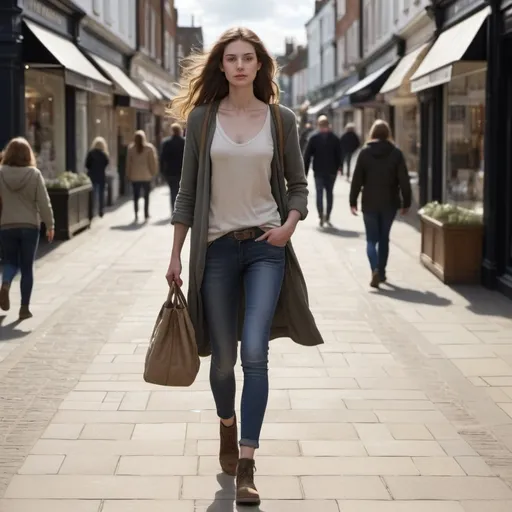 Prompt: Tall young woman walking down the high street, detailed clothing, realistic, natural lighting