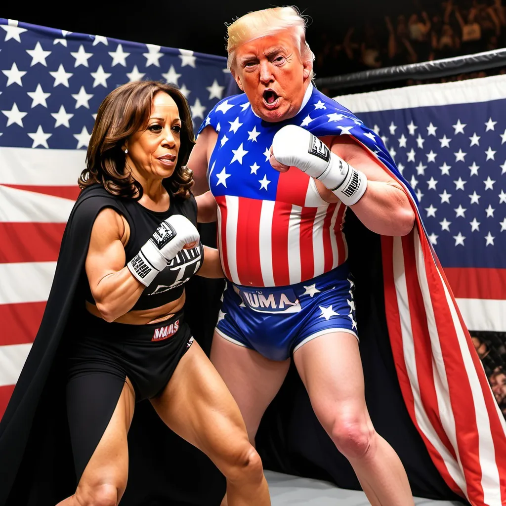 Prompt: Create an image of kamala Harris fighting Donald trump in a MMA championship bout. Trump is wearing a maga hat and a stars and stripes cape. Kamala is wearing a black cape.