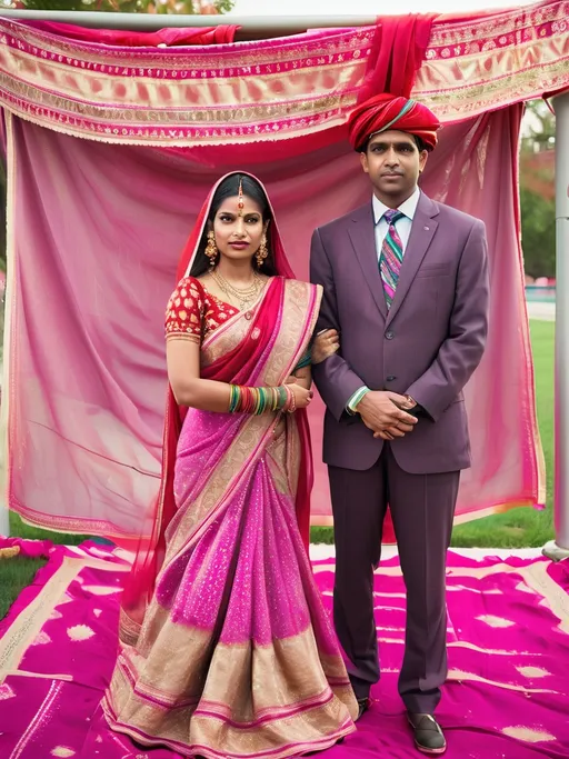 Prompt: This photograph captures a traditional Indian couple standing outdoors on a bright pink cloth spread over the ground. The woman is dressed in a vibrant, multi-colored sari with intricate patterns and a matching blouse. She wears a red and gold headpiece, multiple colorful bangles on both wrists, and a red handbag. Her hair is partially covered by a sheer, embroidered veil. She has blue-rimmed sunglasses and a gold necklace. The man beside her is dressed in a dark gray suit with a light blue shirt, and he sports a mustard yellow turban. He has a neatly trimmed beard and mustache. The background features a pink stucco wall with a small window and a red, patterned canopy overhead, providing shade. A green leafy plant is visible to the right, and a blue cloth is partially seen on the left. The overall color palette is vibrant, with dominant shades of pink, red, and yellow. The textures include the smoothness of the sari fabric, the sheen of the bangles, and the softness of the pink cloth on the ground. The photograph exudes a sense of cultural celebration and traditional attire.