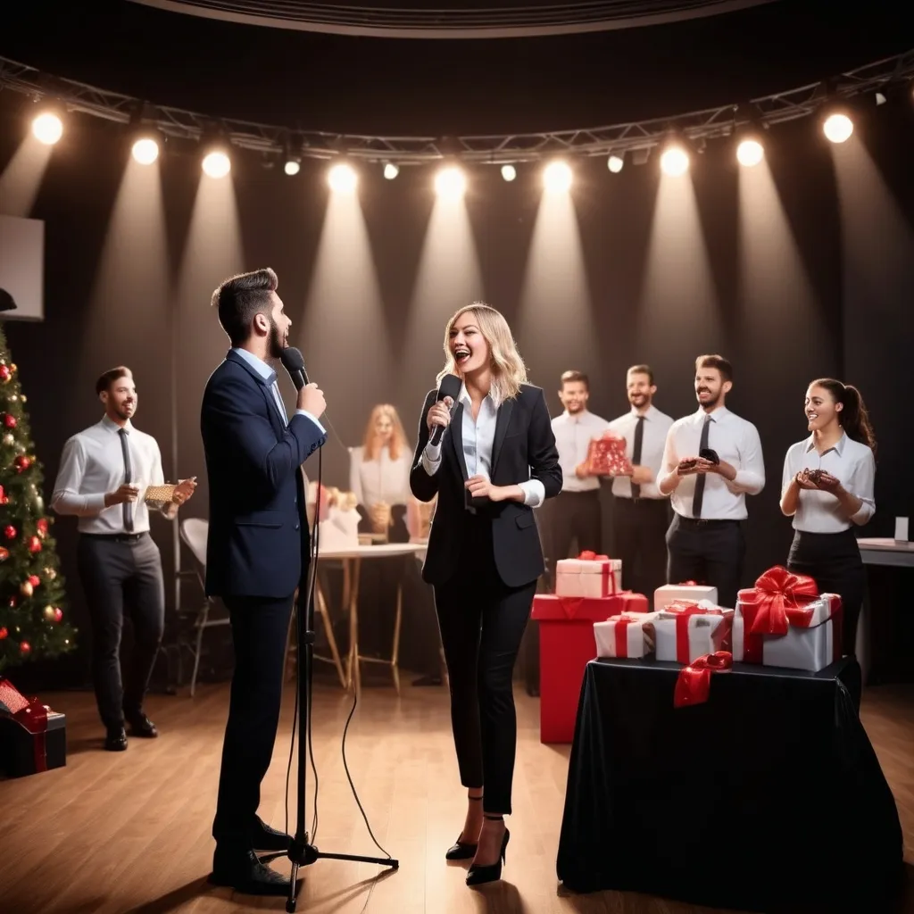 Prompt: create a professional high quality image for an office party where there is a big stage with lights and mic and singer and employee giving gifts and enjoying