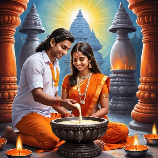 Prompt: Create a vibrant and colorful digital illustration depicting a young Hindu couple performing a religious ritual in front of a Shiva Lingam. The couple, both smiling and wearing traditional saffron attire with tilaks on their foreheads, is shown with a serene and divine ambiance in the background. The man is pouring milk over the Shiva Lingam, while the woman is holding a small bell. In the background, a large statue of Lord Shiva is visible, radiating a divine light. The setting includes traditional temple architecture, with intricate designs and a spiritual atmosphere. The overall mood of the image should be joyful and reverent, capturing the essence of Hindu devotion.