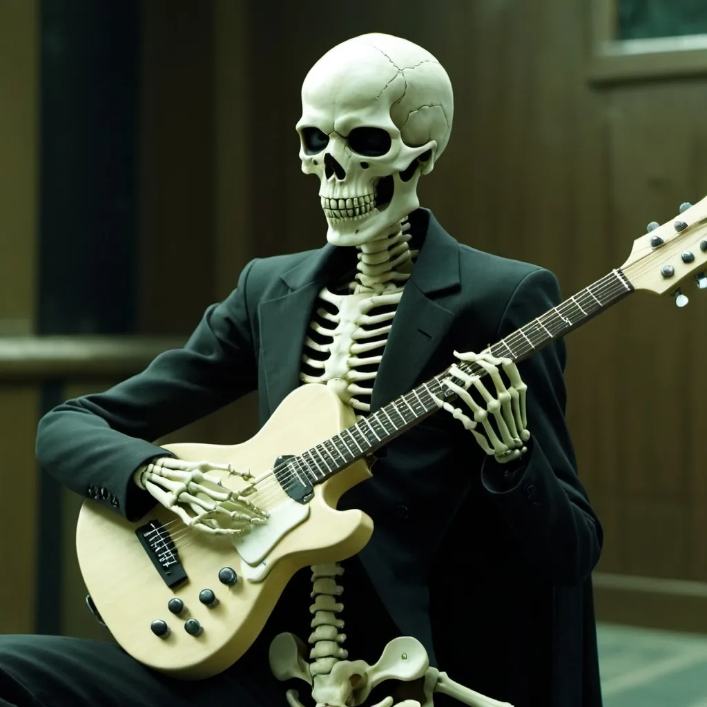 Prompt: Skeleton is playing guitar in matrix movie